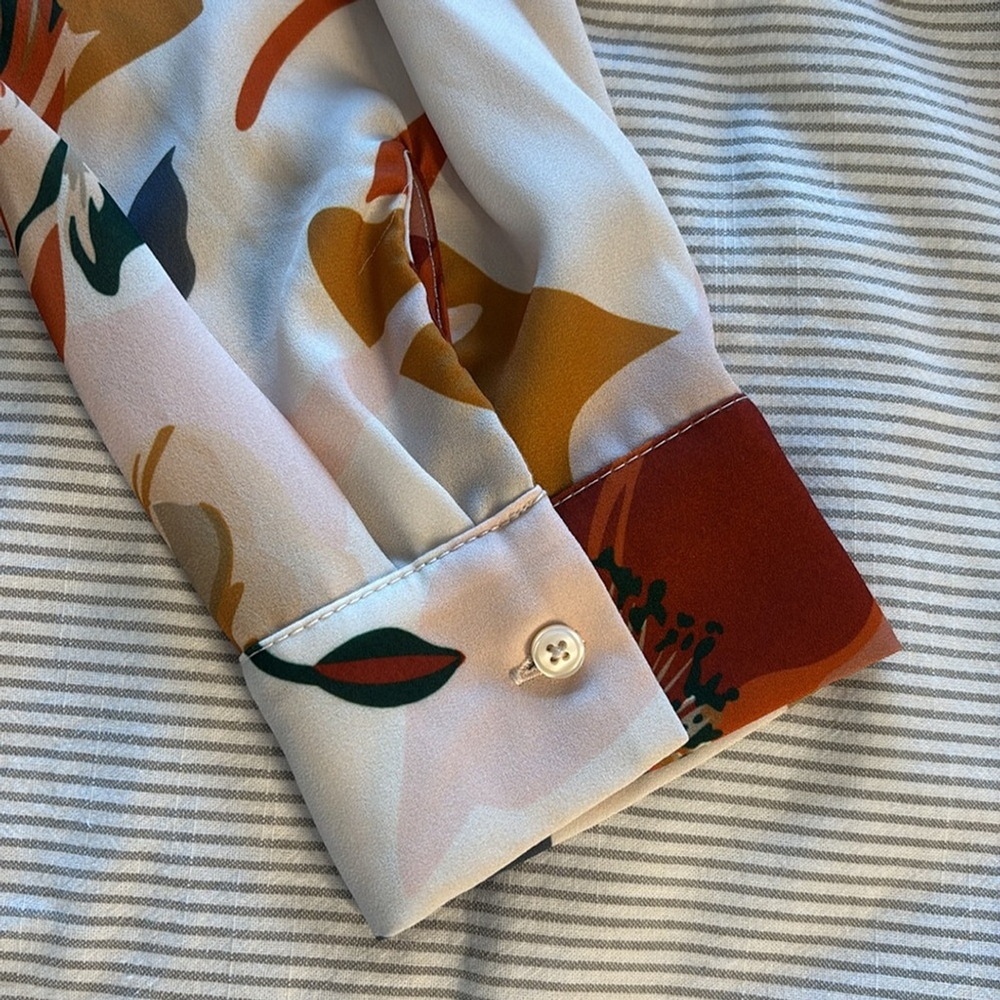 CLEO Floral Print Women's Top relaxed fit crepe blouse button up cream brown XL - Picture 10 of 14